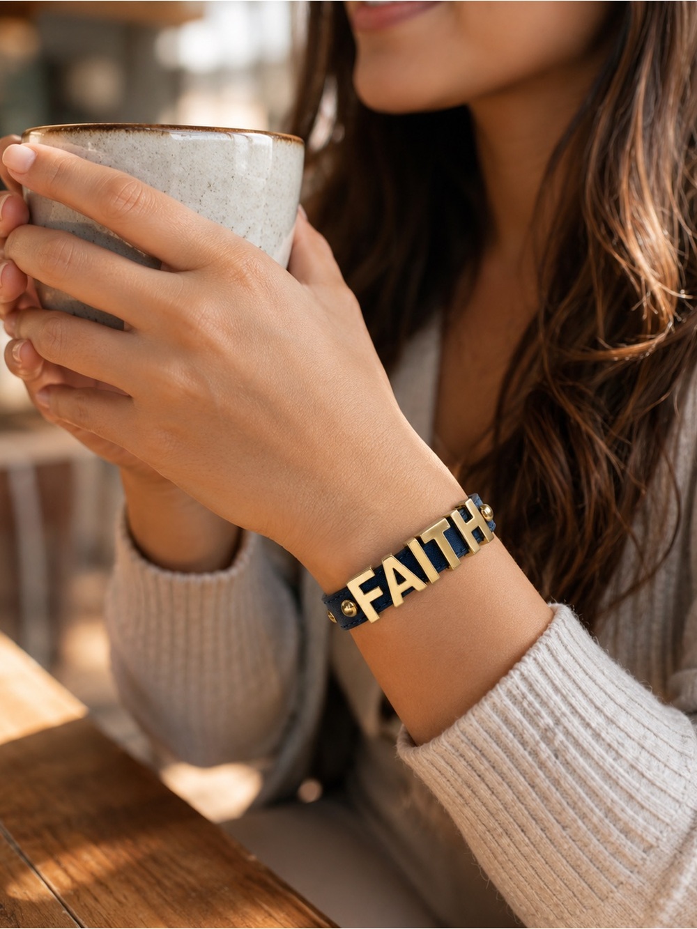 BCBGeneration FAITH Bracelet Gold Letters Navy Blue Faux Leather NWT - Picture 3 of 13